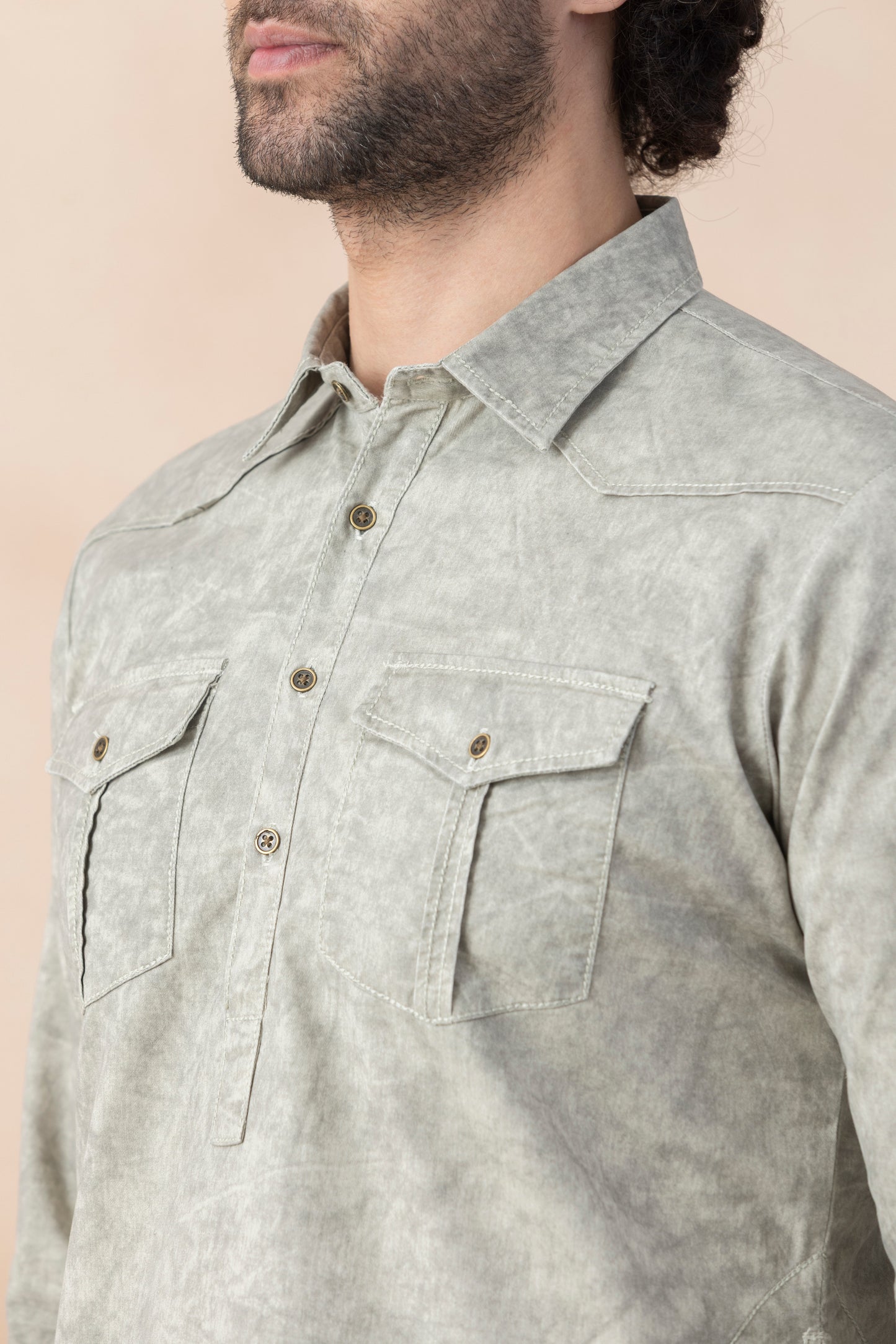 Sage Grey Denim Pathani Set For Men