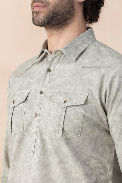 Sage Grey Denim Pathani Set For Men