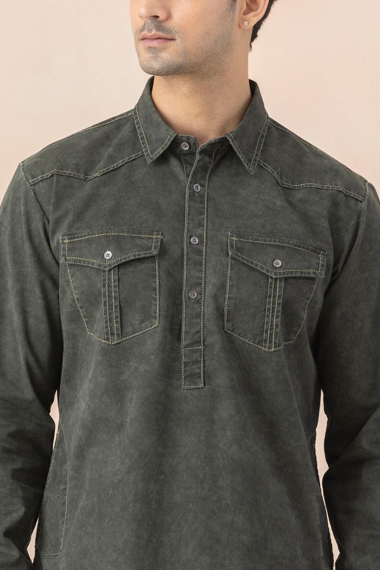 Deep Green Denim Pathani Set for Men