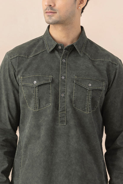Deep Green Denim Pathani Set for Men