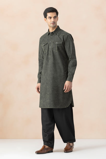 Deep Green Denim Pathani Set for Men