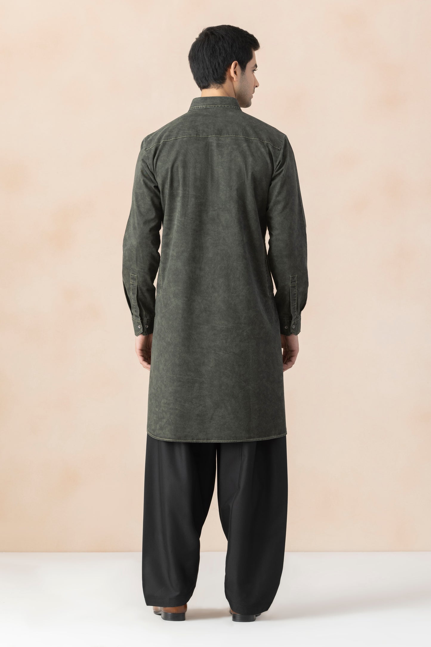 Deep Green Denim Pathani Set for Men