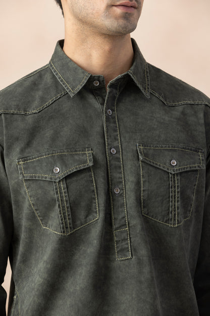 Deep Green Denim Pathani Set for Men