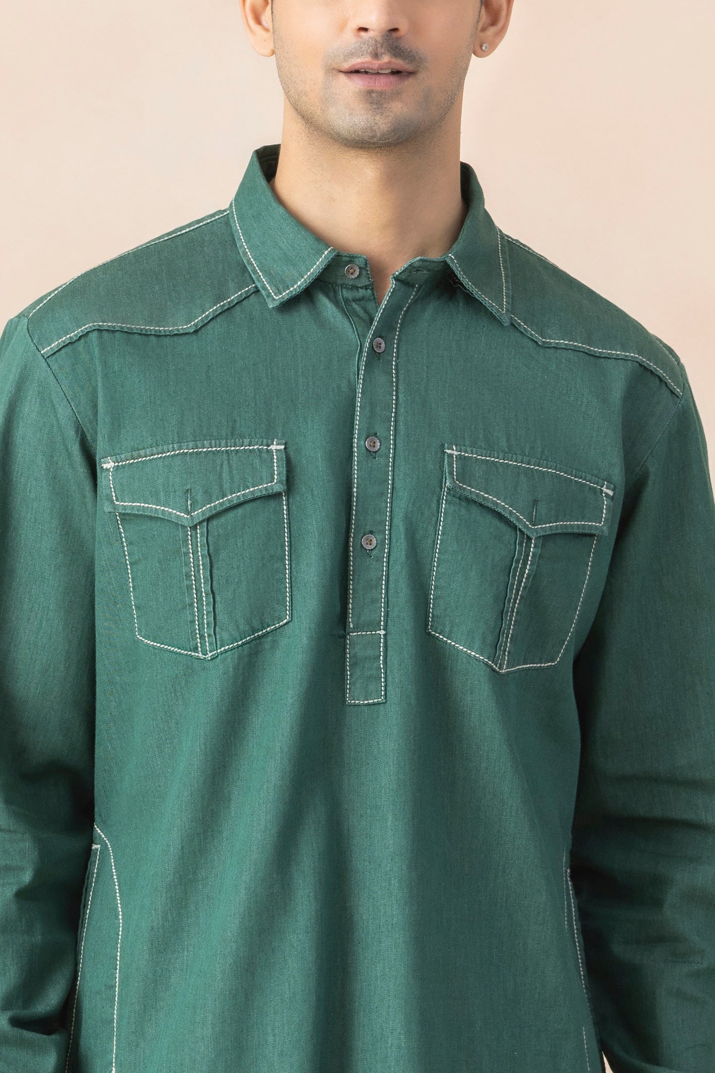 Men's Teal Green Denim Pathani Set