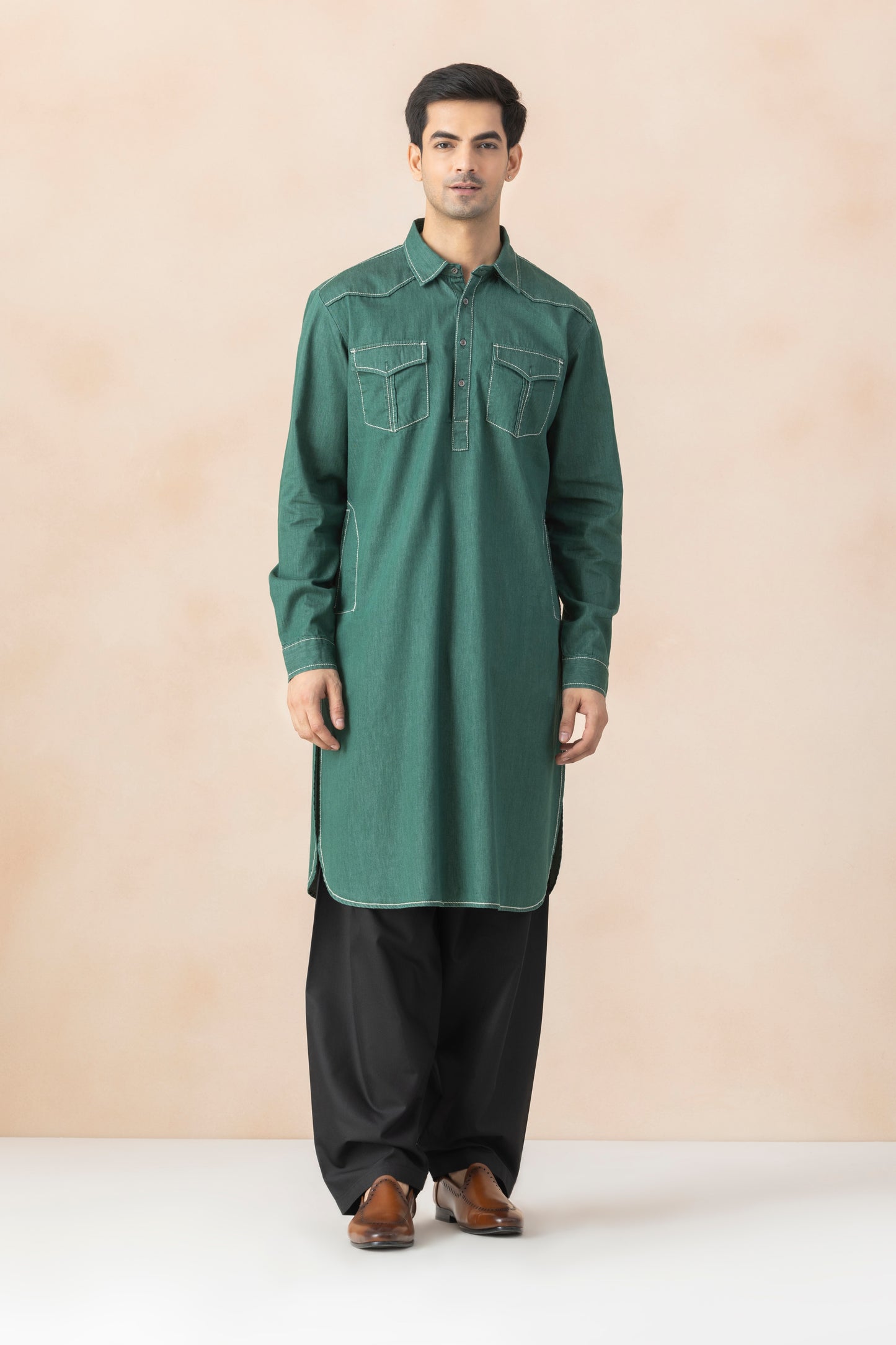 Men's Teal Green Denim Pathani Set