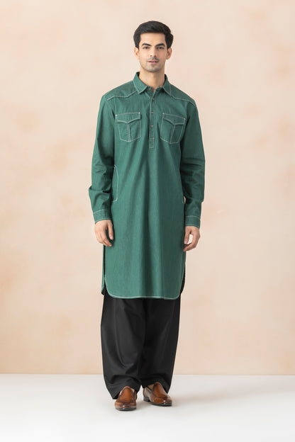 Men's Teal Green Denim Pathani Set