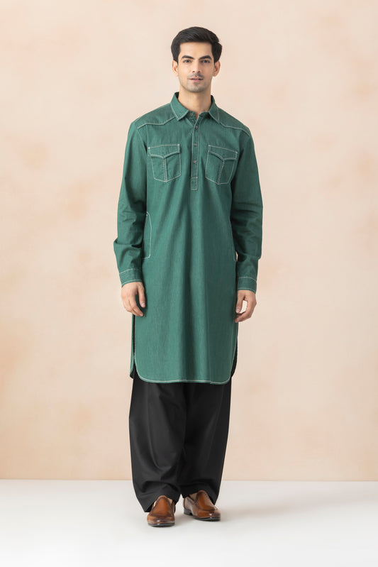 Men's Teal Green Denim Pathani Set