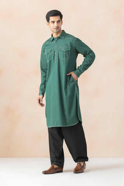 Men's Teal Green Denim Pathani Set