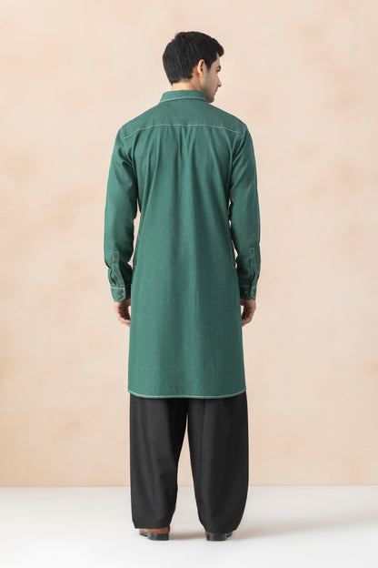 Men's Teal Green Denim Pathani Set