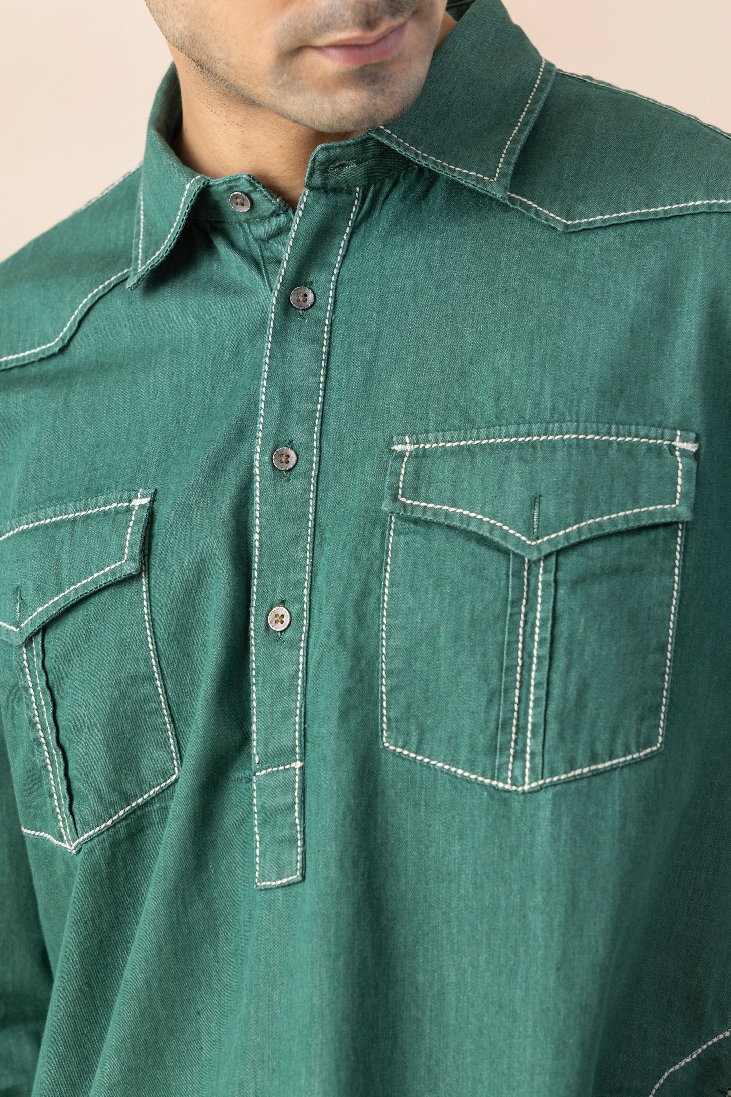 Men's Teal Green Denim Pathani Set