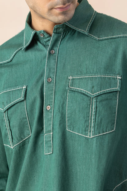 Men's Teal Green Denim Pathani Set