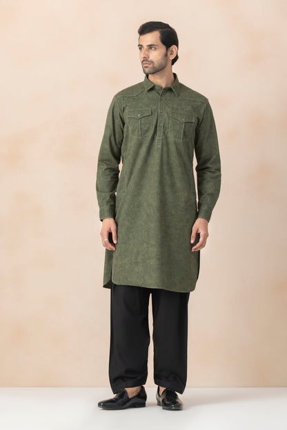 Men's Dirt Green Denim Pathani Set