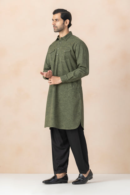 Men's Dirt Green Denim Pathani Set