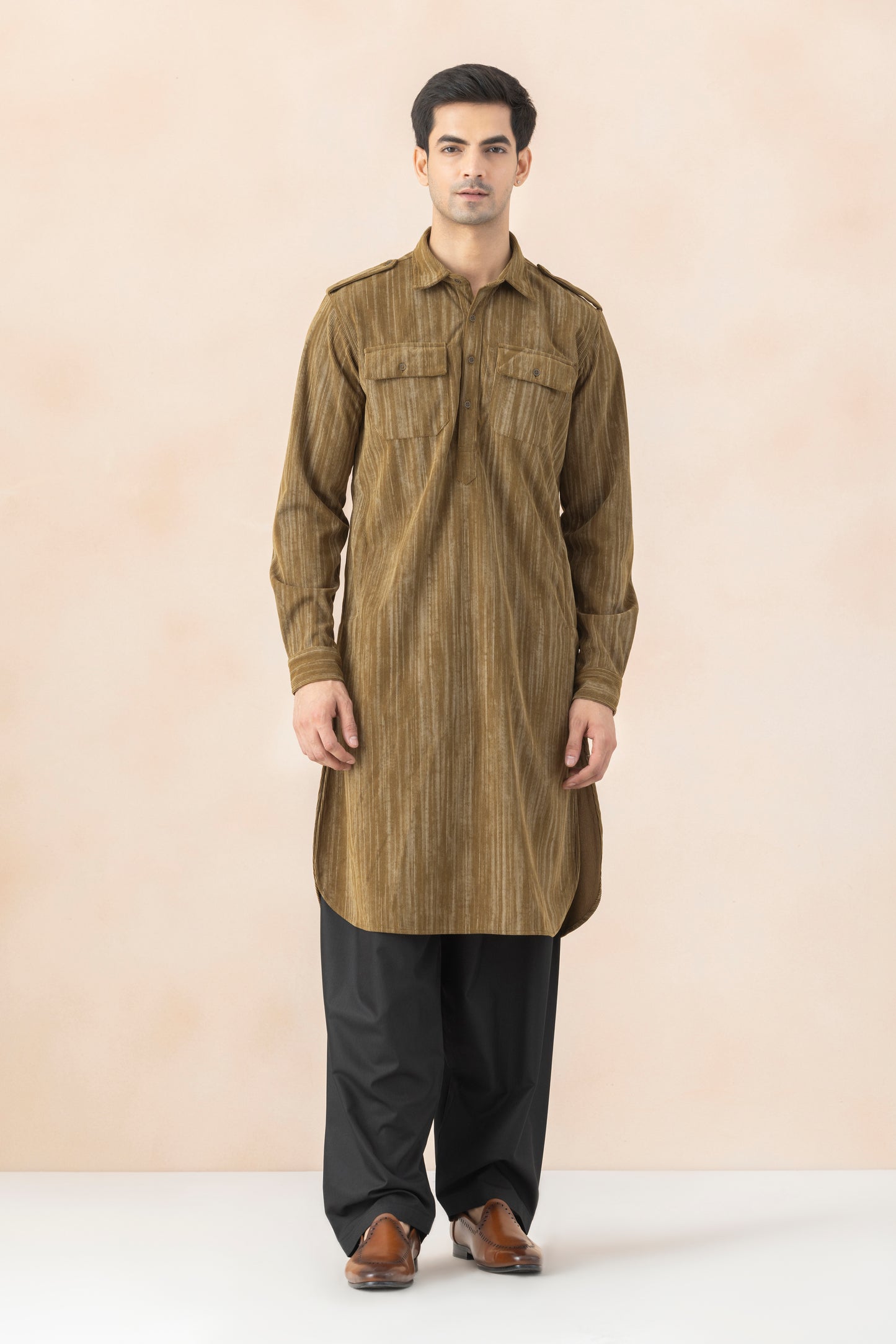 Men's Olive Brown Double Toned Pathani Set