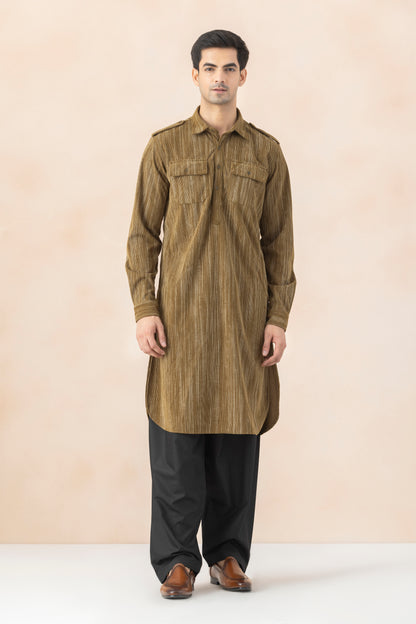 Men's Olive Brown Double Toned Pathani Set