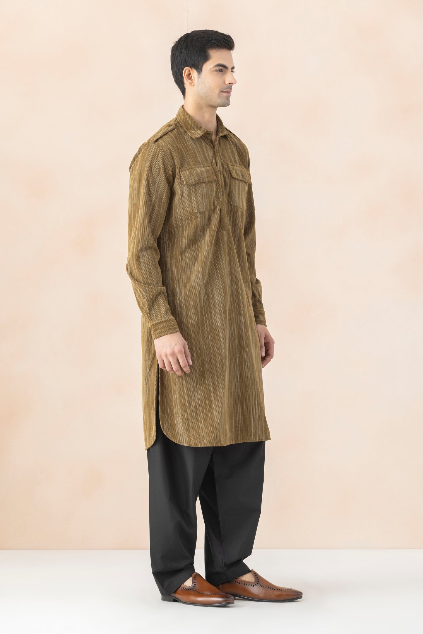 Men's Olive Brown Double Toned Pathani Set