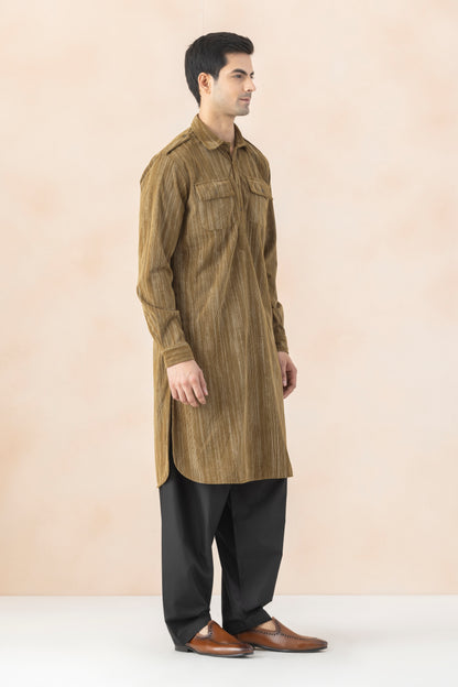 Men's Olive Brown Double Toned Pathani Set