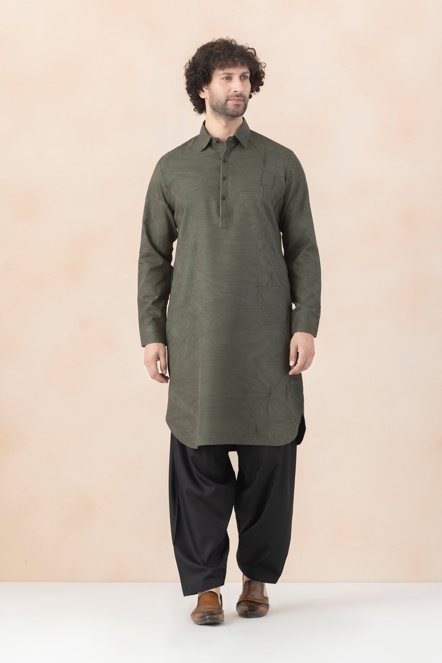 Men's Olive Green Crush Pathani Set