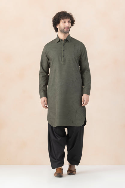 Men's Olive Green Crush Pathani Set