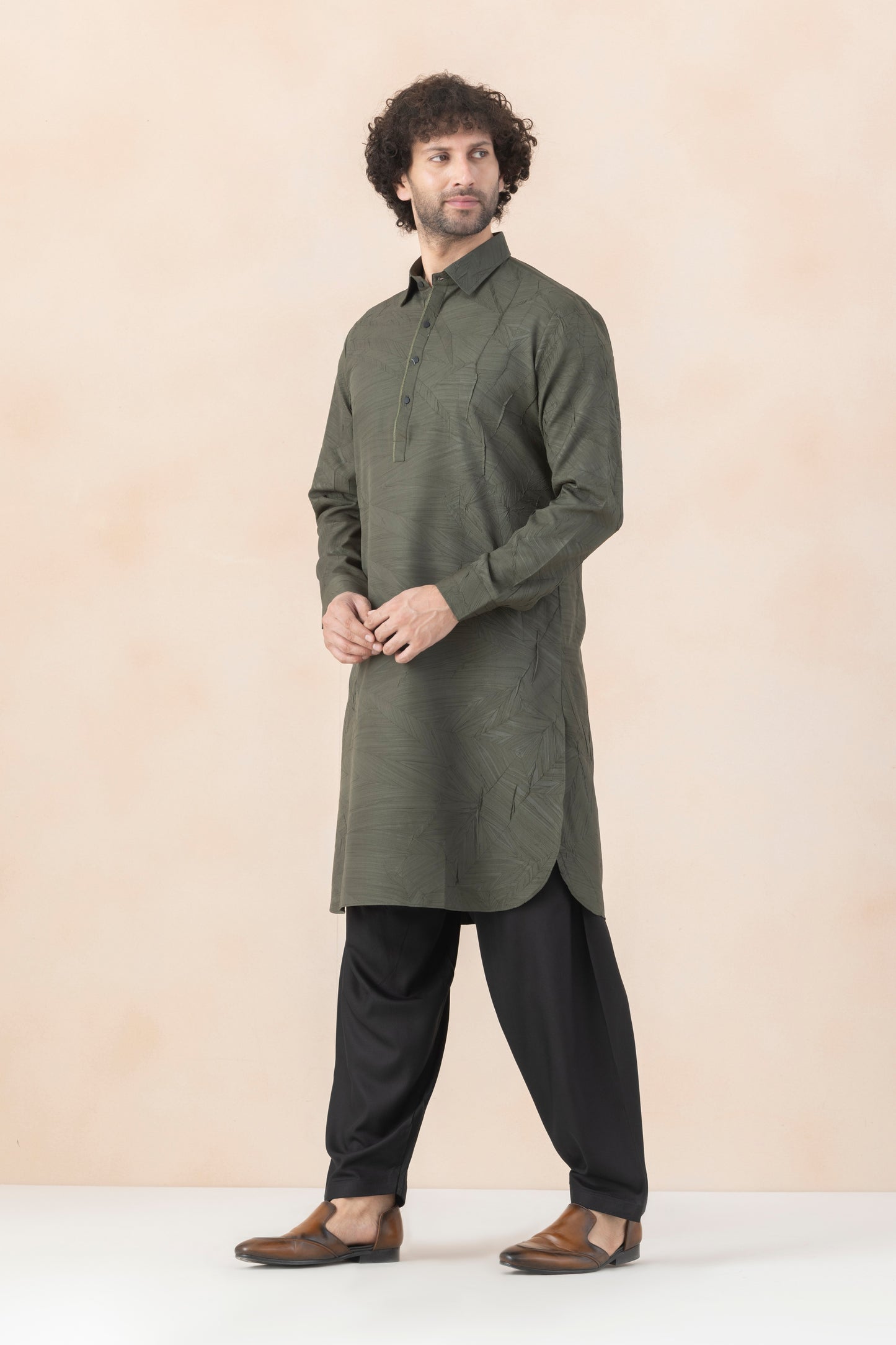 Men's Olive Green Crush Pathani Set