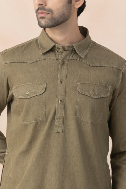 Men's Olive Brown Denim Pathani Set