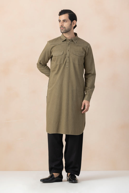 Men's Olive Brown Denim Pathani Set