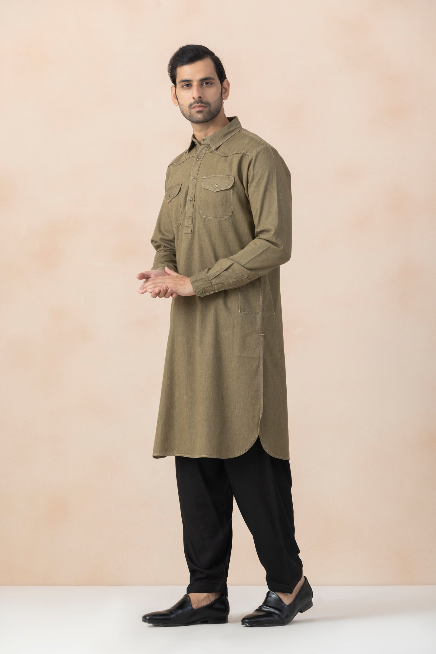 Men's Olive Brown Denim Pathani Set
