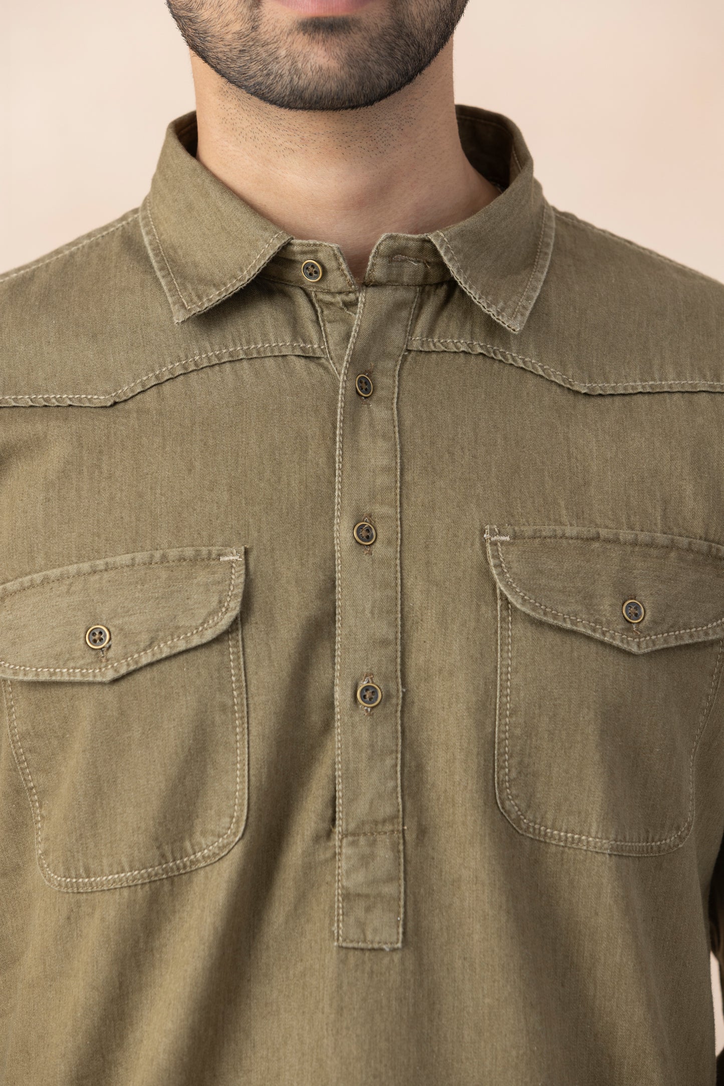 Men's Olive Brown Denim Pathani Set