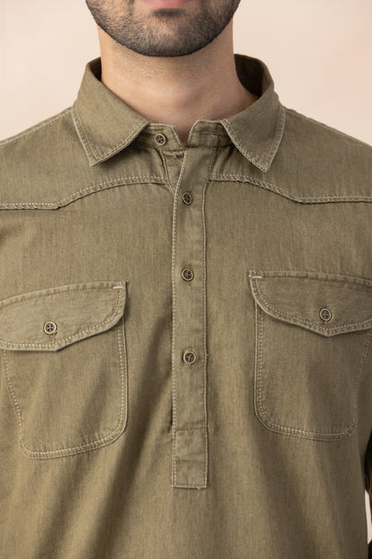 Men's Olive Brown Denim Pathani Set