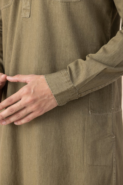 Men's Olive Brown Denim Pathani Set