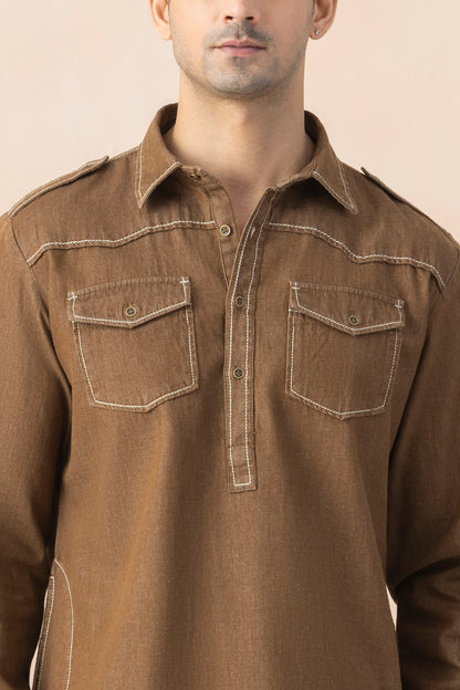 Men's  Brown Denim Pathani Set