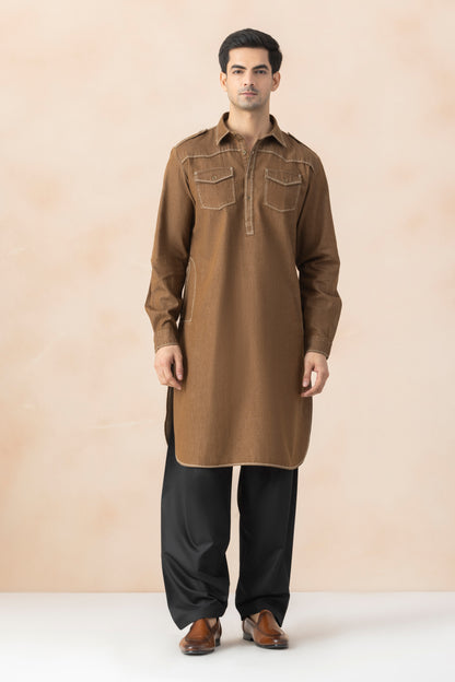 Men's  Brown Denim Pathani Set