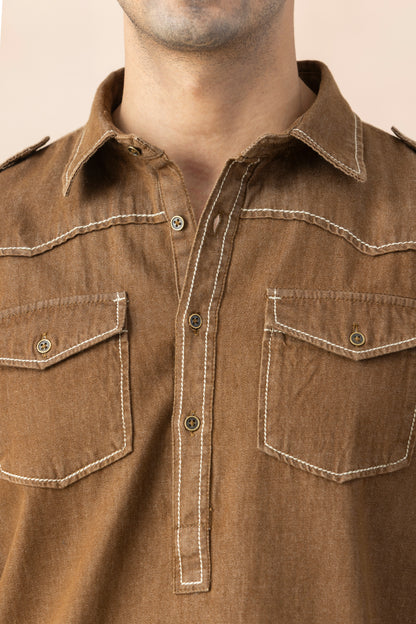 Men's  Brown Denim Pathani Set