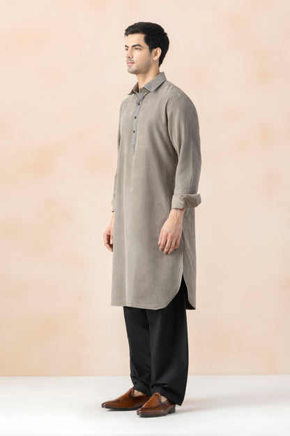 Men's Mushroom Grey Suede Pathani Set