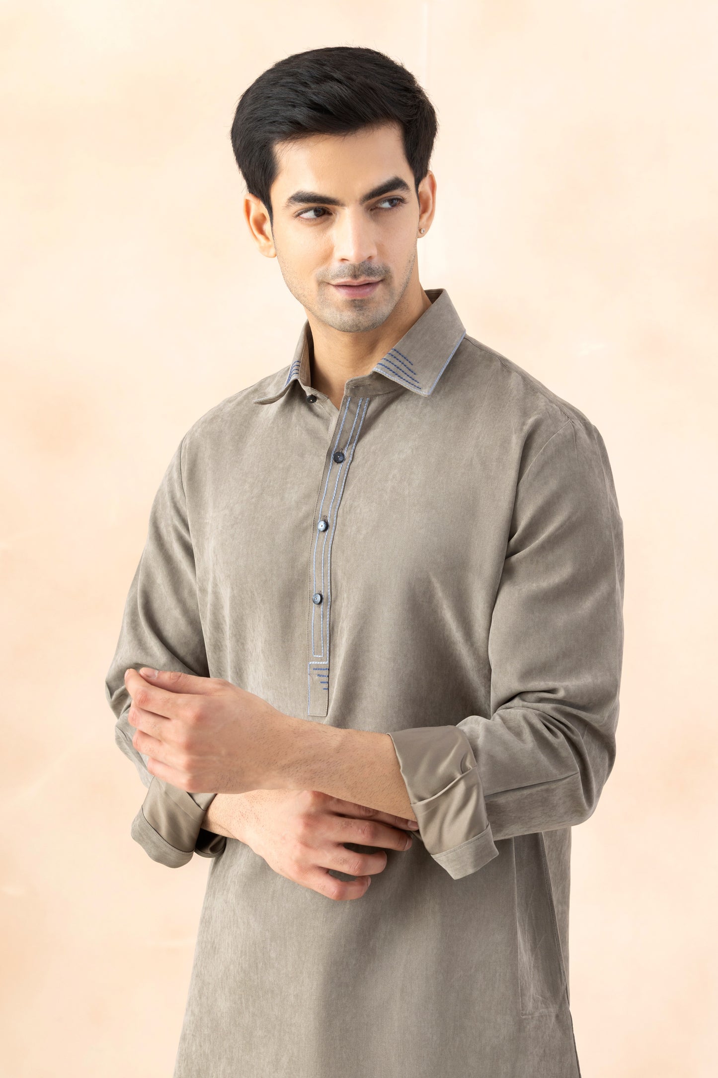 Men's Mushroom Grey Suede Pathani Set