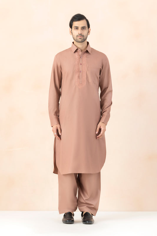 Men's Subtle Tonal Geometric Embroidery On Placket with Smooth Matte Fabric Pathani