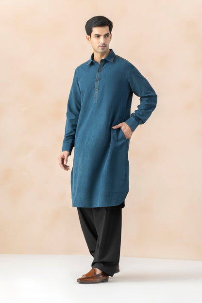 Deep Teal Blue Solid Pathani Set for Men