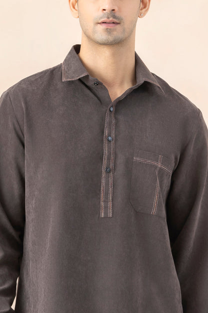 Charcoal Brown Suede Pathani Set for Men
