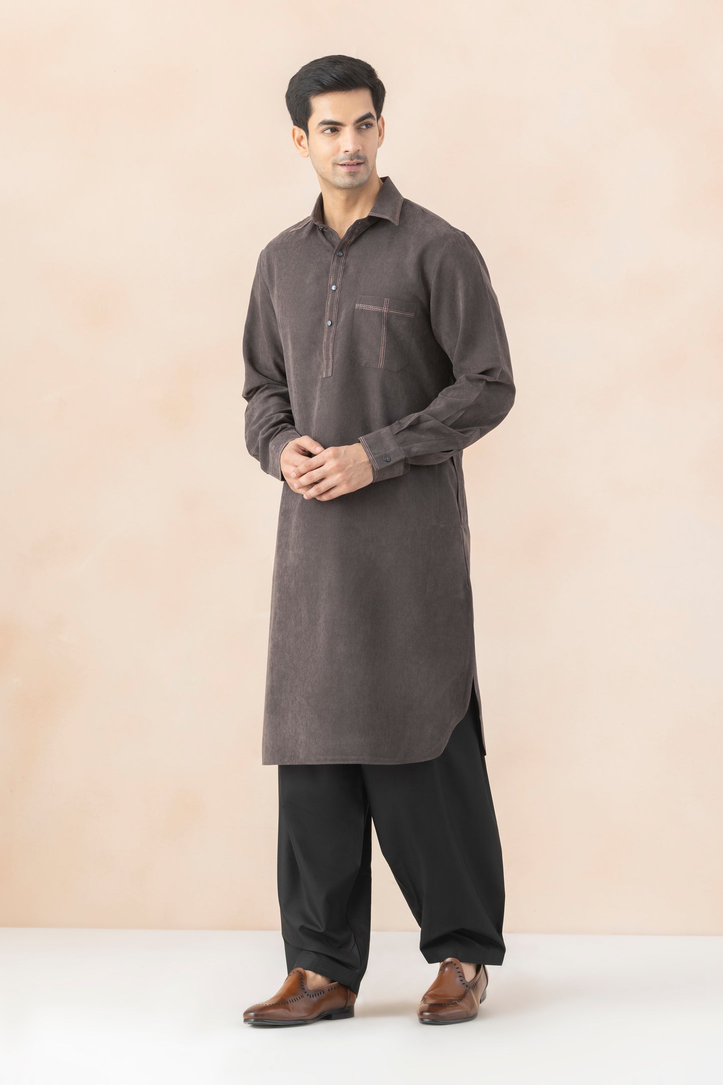 Charcoal Brown Suede Pathani Set for Men