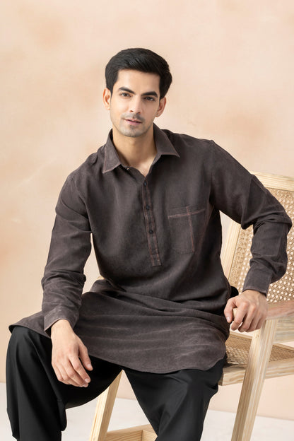 Men's Dark Grey Solid Pathani Set