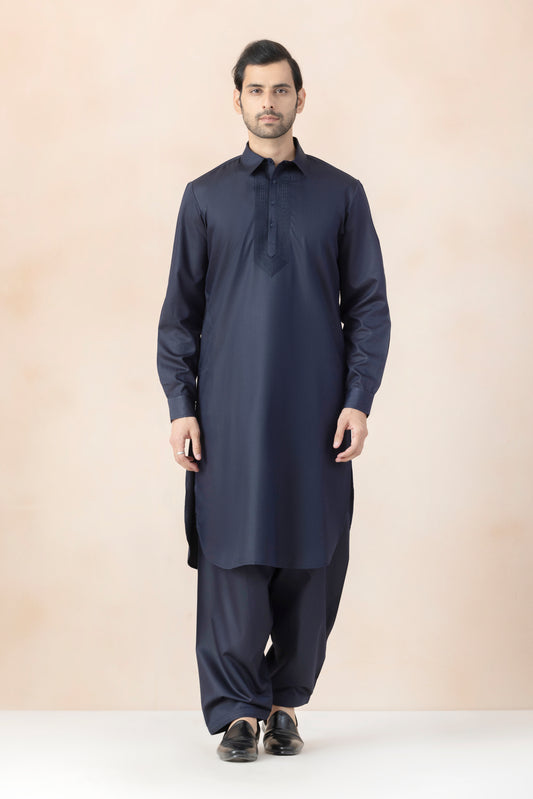 Men's Subtle Tonal Geometric Embroidery Along Placket with Smooth Matte Finish Pathani