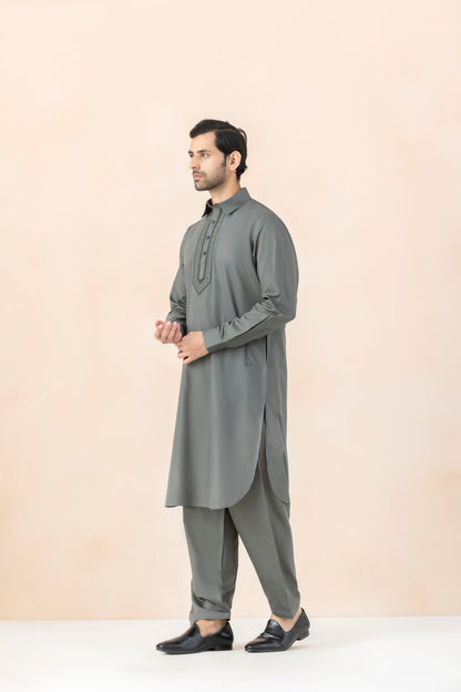 Men's Solid Stone Grey Pathani Set