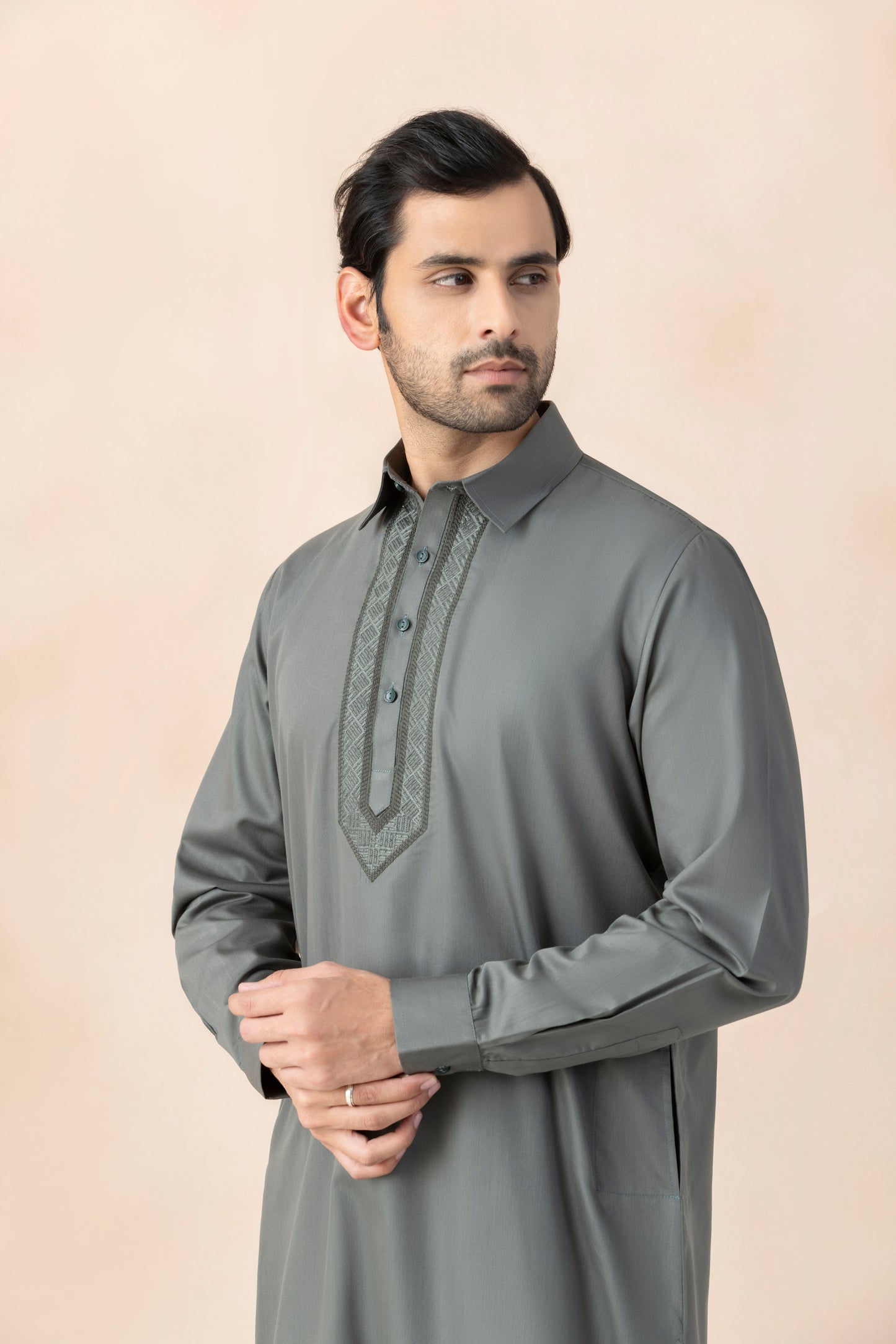 Men's Solid Stone Grey Pathani Set