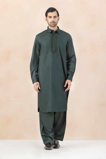 Men's Solid Dark Forest Green Pathani Set