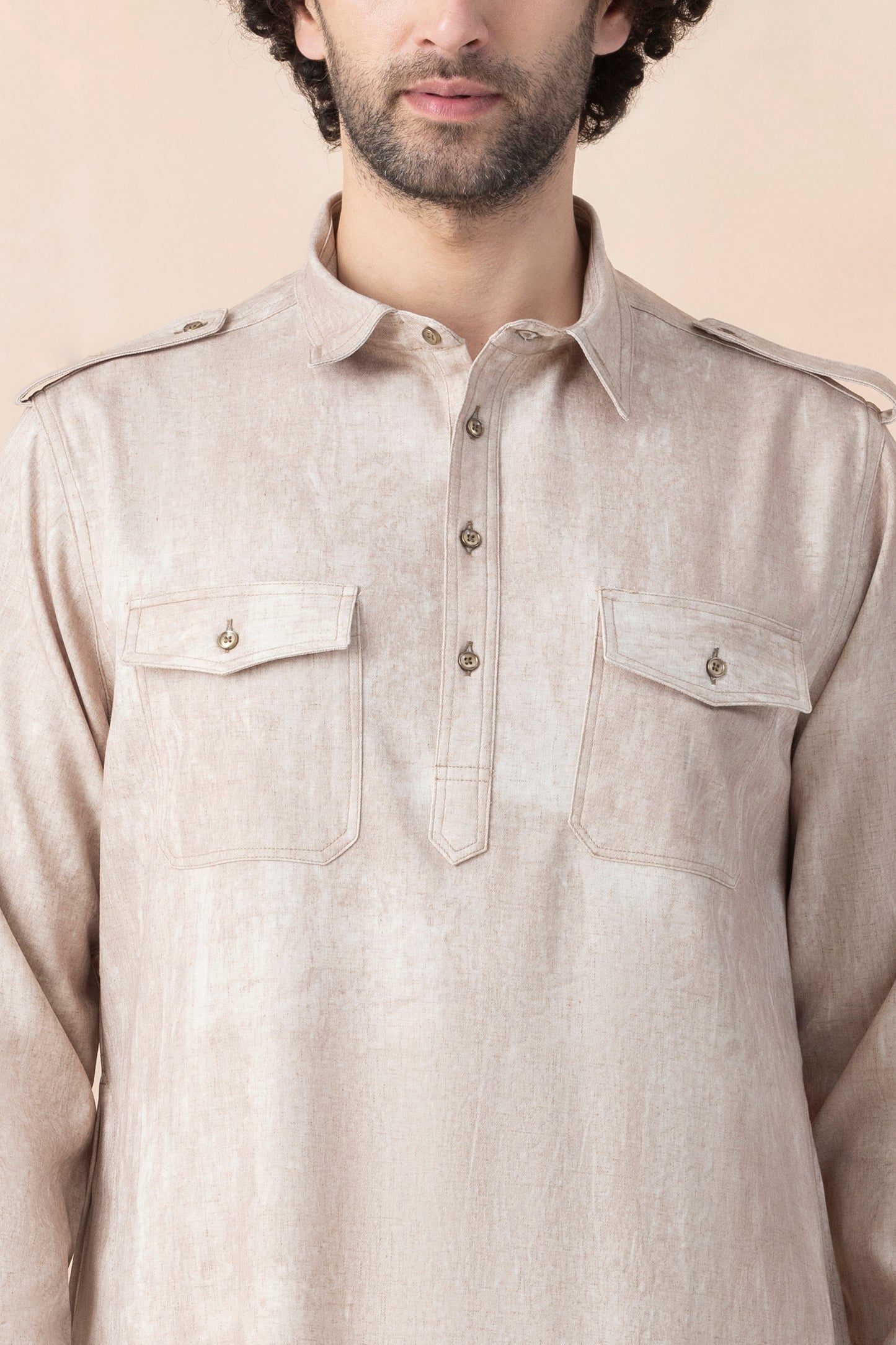 Soft Beige Denim Pathani Set For Men