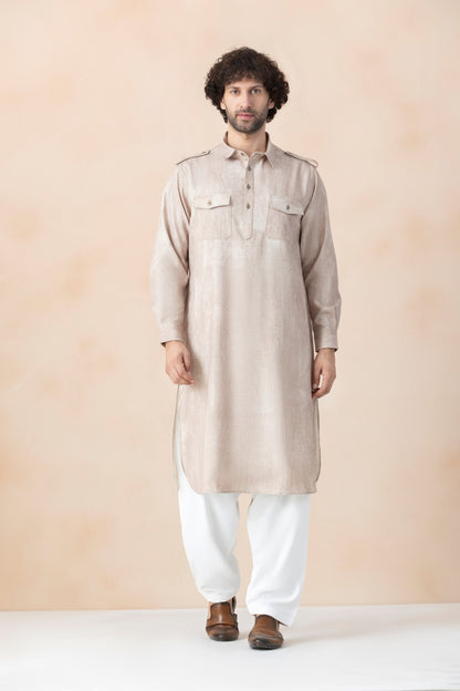 Soft Beige Denim Pathani Set For Men