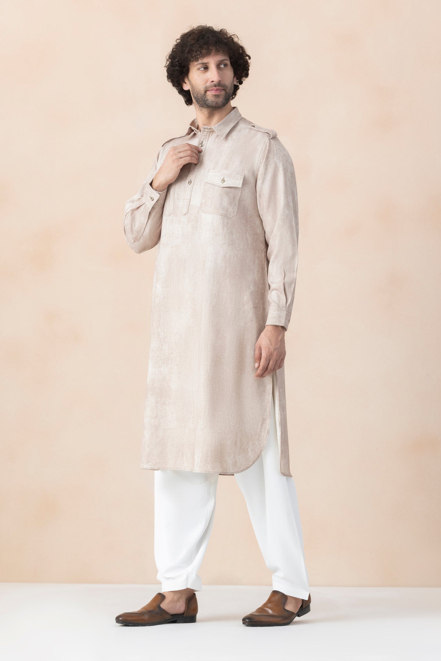 Soft Beige Denim Pathani Set For Men