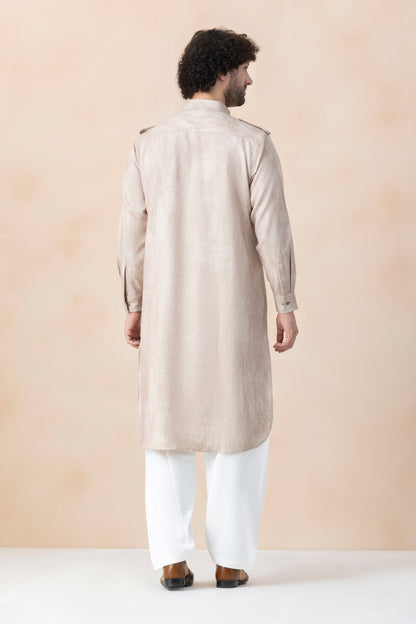Soft Beige Denim Pathani Set For Men
