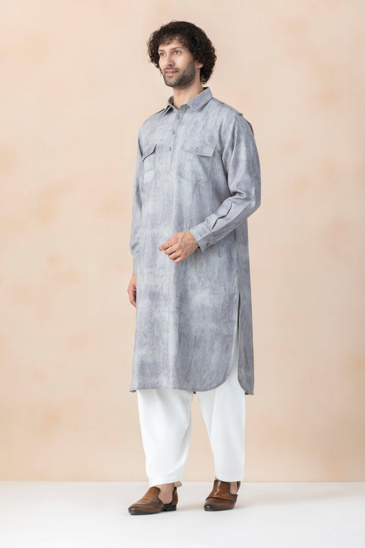 Grey White Denim Pathani Set for Men