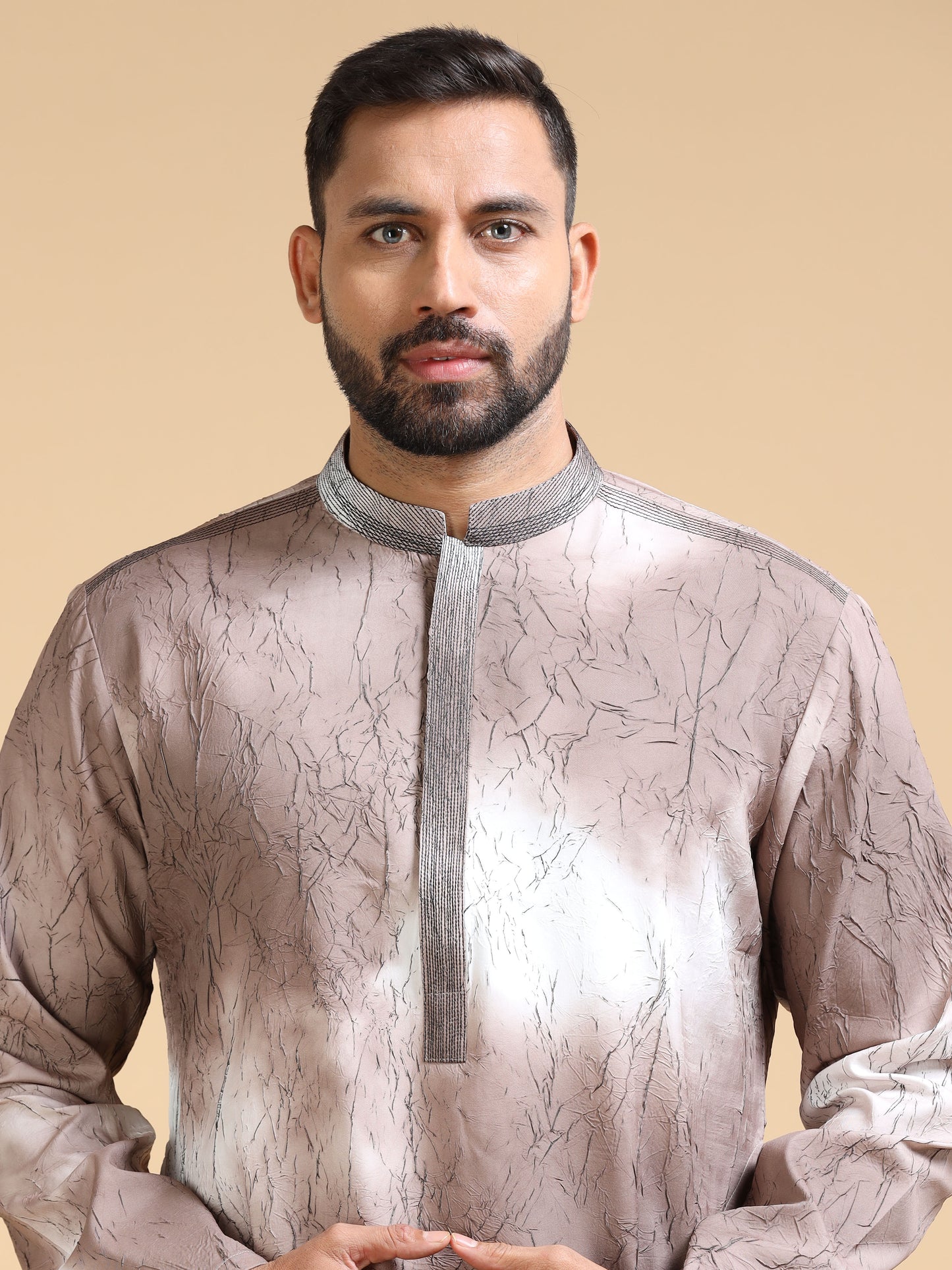 Men’s Dark Brown Double Toned Crush Pattern Kurta Set